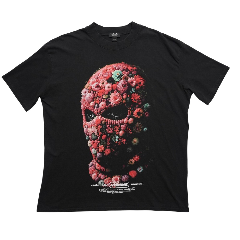 boohooMAN T-Shirt Mens Medium Black Floral Mask Graphic Homme Limited Edition